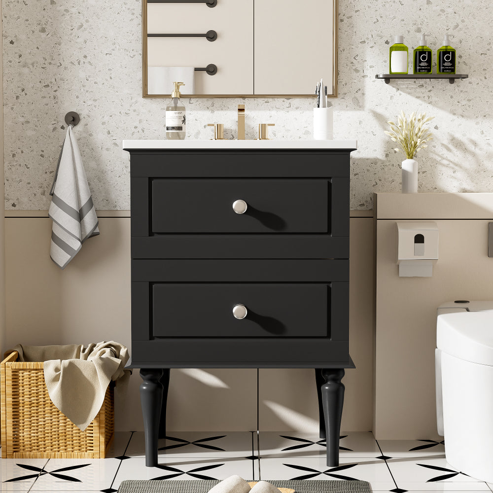 24'' Bathroom Vanity Cabinet with Ceramic Sink Combo Set, Solid Wood Frame Modern Bathroom Storage Cabinet with 2 Drawers, Black