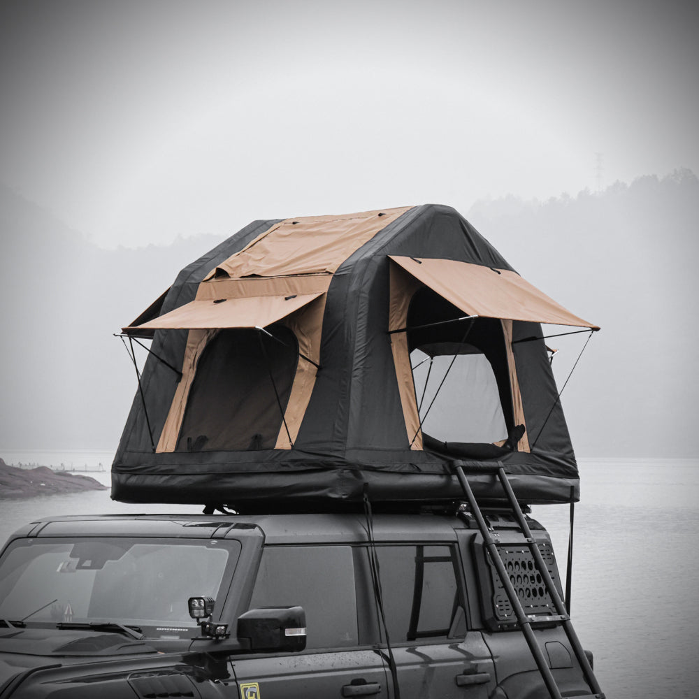 Foldable 2-3 People Amphibious Inflatable Car Roof Top Tent for camping Outdoor Glamping Camping Tent for SUV,Truck( Without Ladder, Two-tone Style, Khaki & Black)