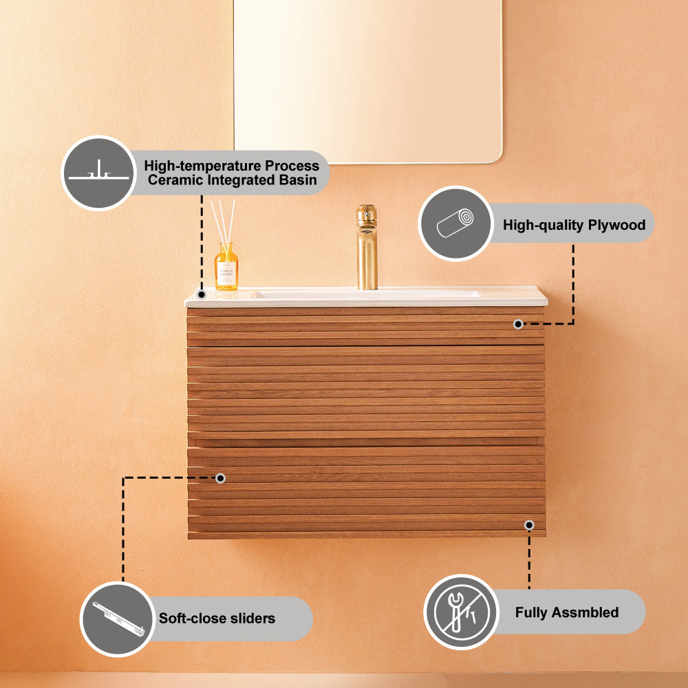 30" Wall Mounted & Floating Single Vanity with Ceramic Sink