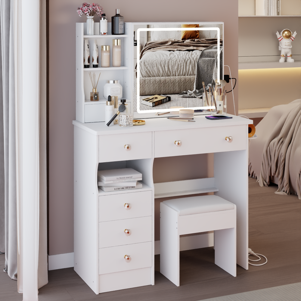 37" Middle Size Left Drawer Desktop Vanity Table + Cushioned Stool Dresser Set, 2 AC+2 USB Socket, Hair Dryer Stand, Large Touch Control LED Sliding Mirror, 3-color sSwitch, EPA, GCC, UL Certificate