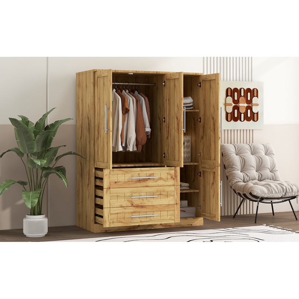 4 Door Wardrobe Armoire Closet with 3 Drawers, Natural