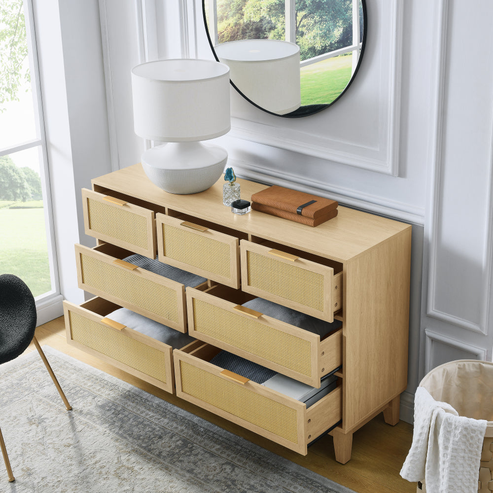 Bedroom 7 drawer dresser, rattan dresser modern wooden chest of drawers with spacious storage space for bedroom hallway living room