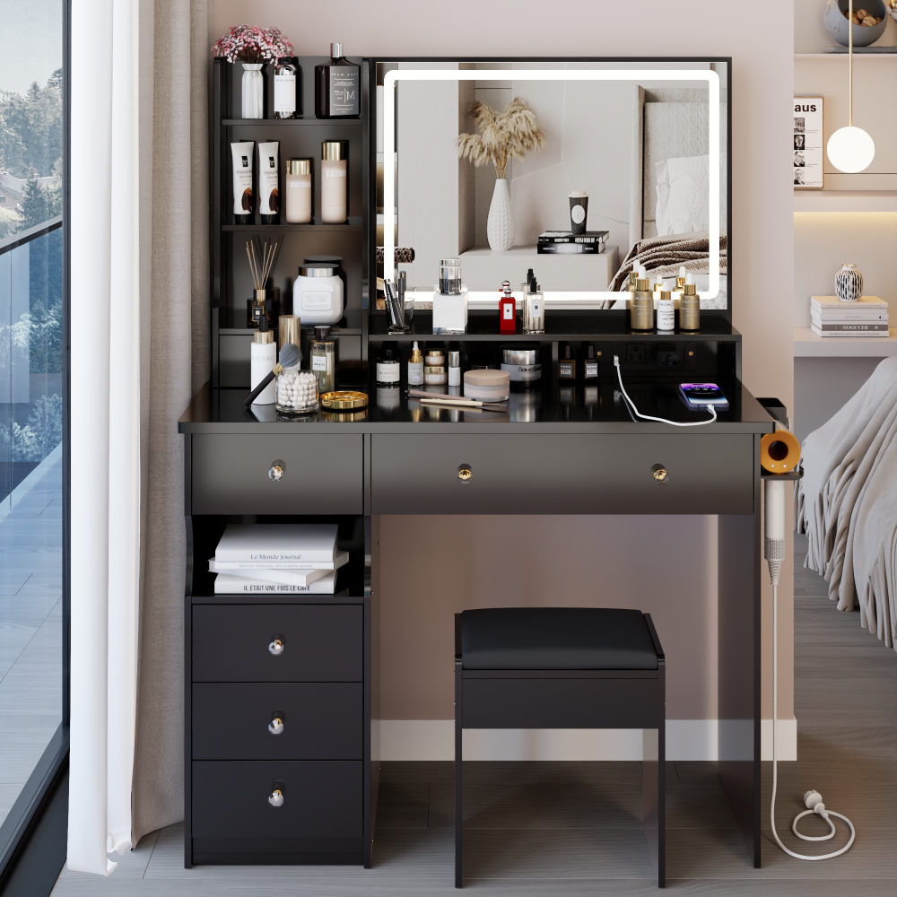 41" Large Size Left Drawer Desktop Vanity Table+Cushioned Stool Dresser Set, 2 AC+2 USB Power Station, Hair Dryer Stand, Extra Large Touch Control LED Mirror, 3-color Switch, EPA, GCC, UL Certificate