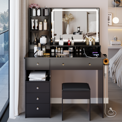 41" Large Size Left Drawer Desktop Vanity Table+Cushioned Stool Dresser Set, 2 AC+2 USB Power Station, Hair Dryer Stand, Extra Large Touch Control LED Mirror, 3-color Switch, EPA, GCC, UL Certificate