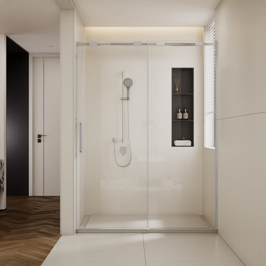 56-60"W x74"H Semi-Frame Single Sliding Shower Door,304 Stainless Steelin Polished Chrome finish,5/16" (8mm) Thick SGCC Tempered Clear Glass,Type C Wrapped Guide Rail Anti-derailment Pulley