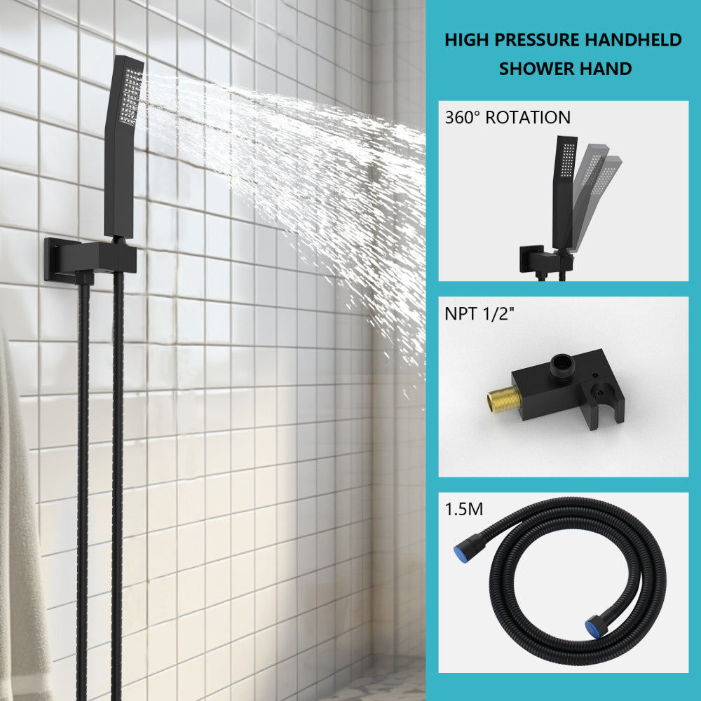 Rainfall Shower System With Storage Rack 10 inch Shower Faucet Set Matte Black with High Pressure with Square Shower Head Luxury Shower Set Wall Mount