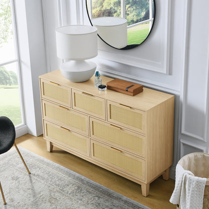 Bedroom 7 drawer dresser, rattan dresser modern wooden chest of drawers with spacious storage space for bedroom hallway living room