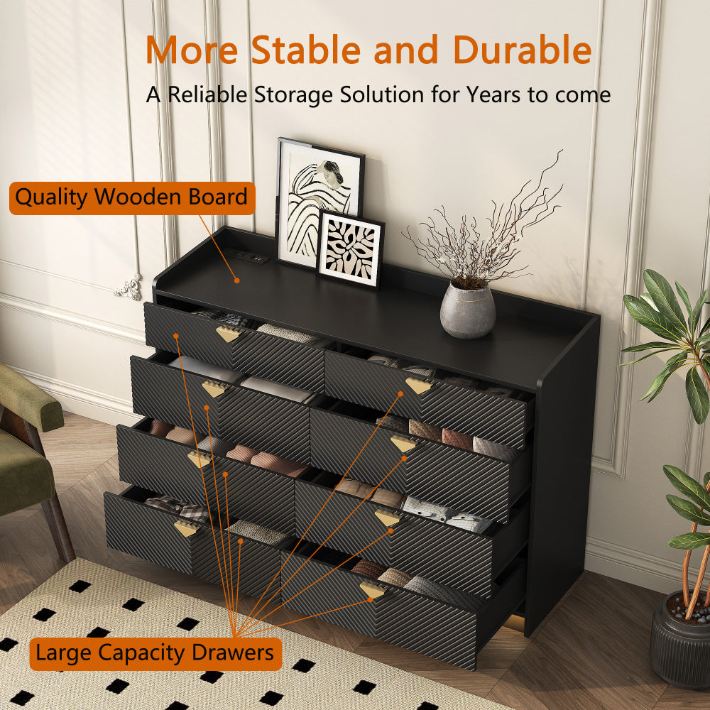 8 Drawer Double Dresser for Bedroom with LED, Modern Dressers Chest of Drawers with Fluted Panel, Wide Wood Storage Dresser Organizer, Dresser  for Bedroom, Living Room,Black