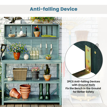 TOPMAX 65" Large Wooden Farmhouse Rustic Outdoor Potting Bench Table, Patio Workstation, Garden Potting Bench with 4 Storage Shelves and Side Hook,Green