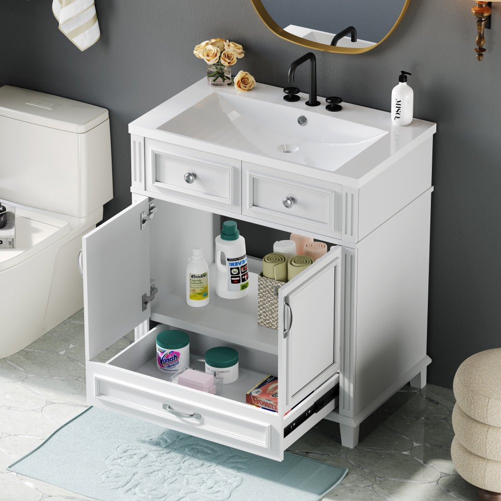 30'' Bathroom Vanity with Resin Sink, Solid Wood Frame Bathroom Storage Cabinet with Soft Closing Doors, Retro Style, White (Same as SW000118AAK)