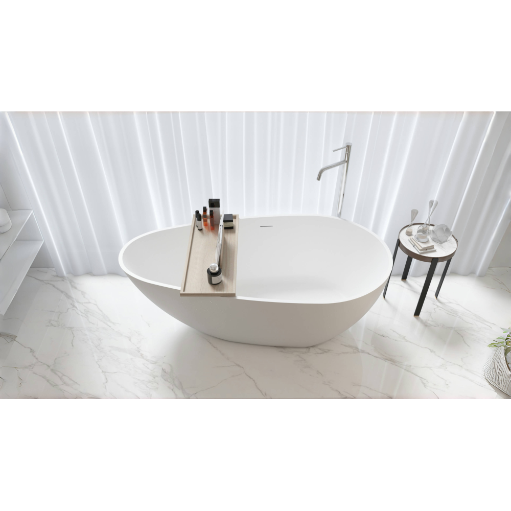 59" Freestanding Solid Surface Bathtub, Luxury Handcrafted Stone Resin Freestanding Soaking Bathtub with Overflow and Pop-up Drain, Matte White 24S02-59MW