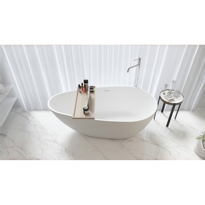 59" Freestanding Solid Surface Bathtub, Luxury Handcrafted Stone Resin Freestanding Soaking Bathtub with Overflow and Pop-up Drain, Matte White 24S02-59MW