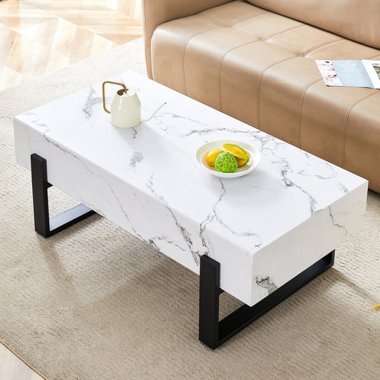 47.2"x23.6" Black and White Minimalist MDF Marble-Patterned Coffee Table.White marble pattern sticker,Black metal leg spray coating,MDF Coffee table.Showcasing a modern and simple style.