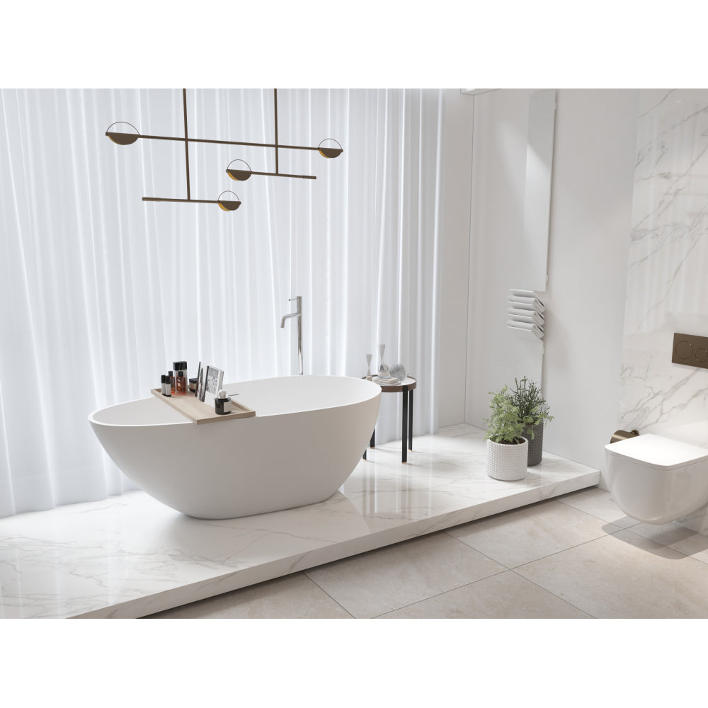 59" Freestanding Solid Surface Bathtub, Luxury Handcrafted Stone Resin Freestanding Soaking Bathtub with Overflow and Pop-up Drain, Matte White 24S02-59MW