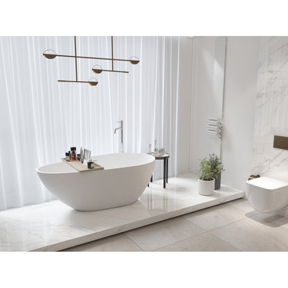 59" Freestanding Solid Surface Bathtub, Luxury Handcrafted Stone Resin Freestanding Soaking Bathtub with Overflow and Pop-up Drain, Matte White 24S02-59MW