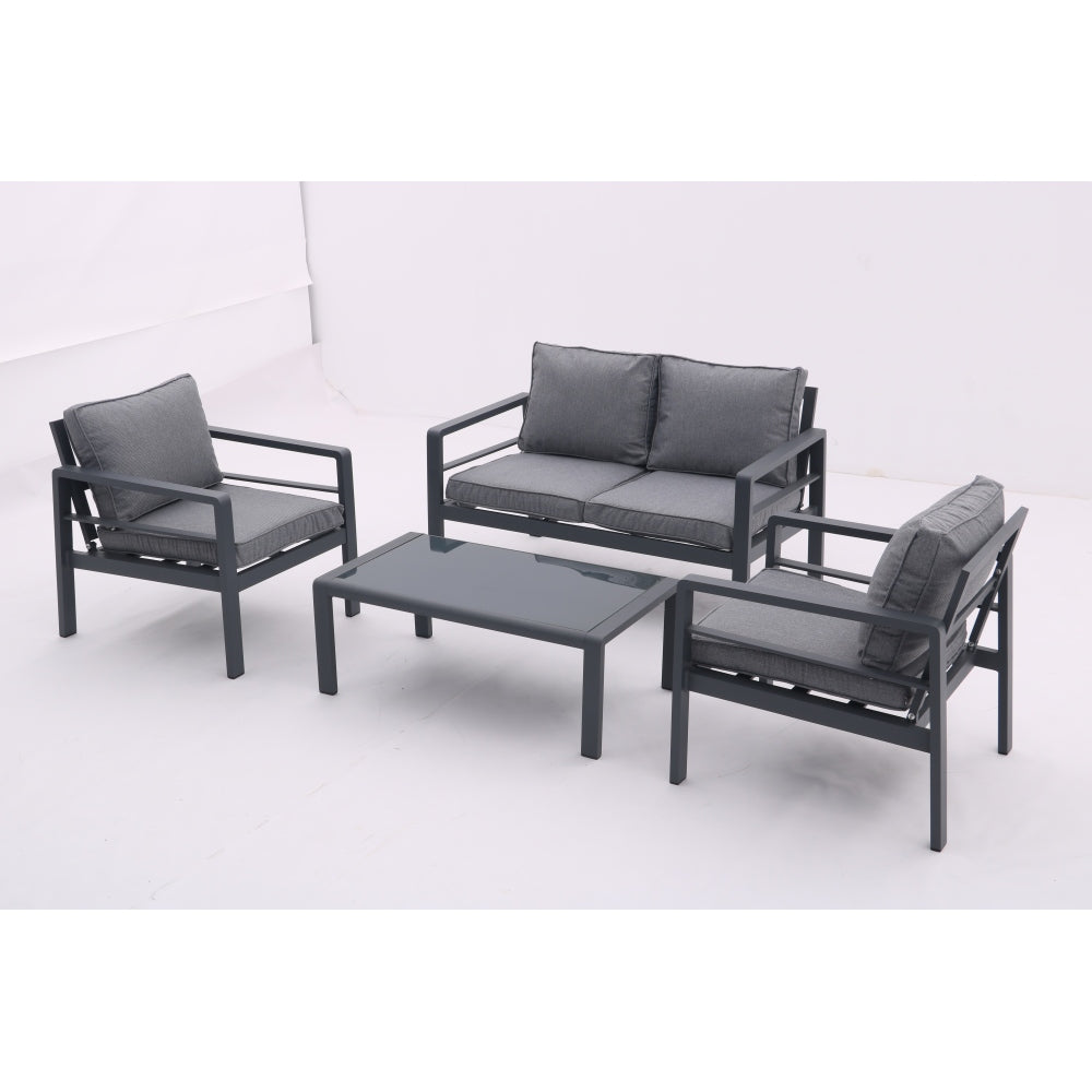 4-piece Aluminum Outdoor Patio Conversation Set,All-Weather Sectional Sofa Outside Furniture with  Removable Cushions and Tempered Glass Coffee Table for Courtyard,Poolside,Deck,Balcony(Grey)