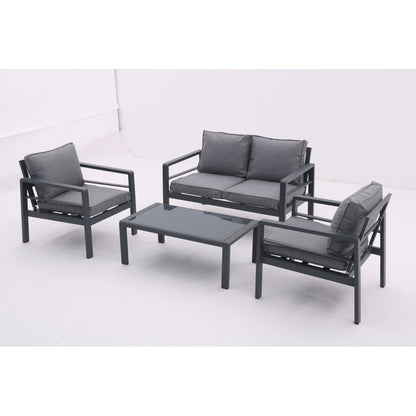 4-piece Aluminum Outdoor Patio Conversation Set,All-Weather Sectional Sofa Outside Furniture with  Removable Cushions and Tempered Glass Coffee Table for Courtyard,Poolside,Deck,Balcony(Grey)