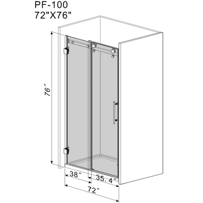 Frameless Sliding Glass Shower Doors 72" Width x 76"Height with 3/8"(10mm) Clear Tempered Glass, Matt Black Finish