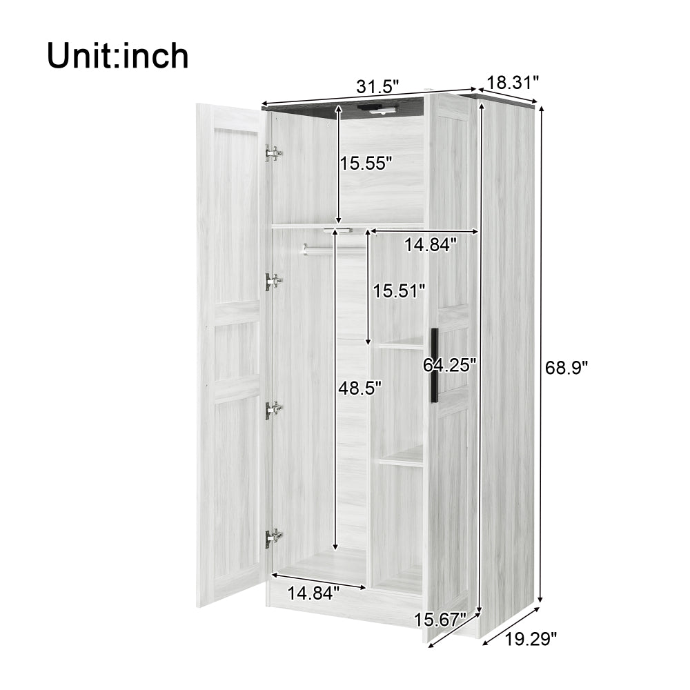 2-Door Wooden Wardrobe Armoire with LED and 4 Storage Shelves, Grey