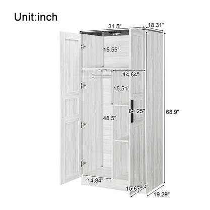 2-Door Wooden Wardrobe Armoire with LED and 4 Storage Shelves, Grey