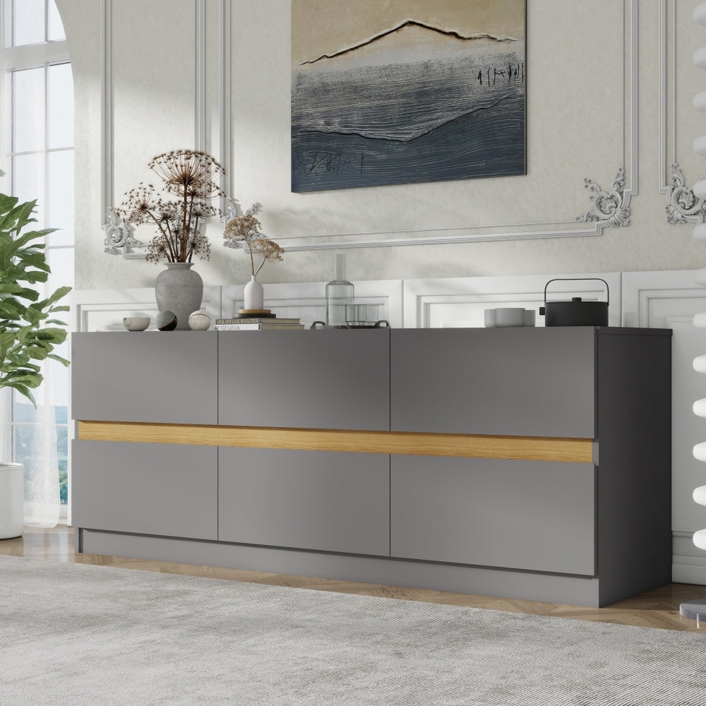 6 Drawer Dresser Long Dresser for Bedroom Wood Clothes Organizers and Wide Storage Drawers 16.34" D x 59.06" W x 23.03"H (Grey) - White Label