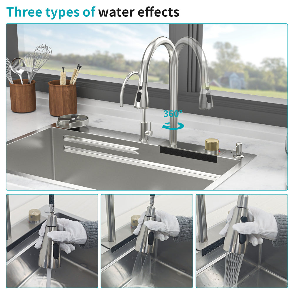 33" Drop in Waterfall Kitchen Sink - 33*22 inch Single Bowl 16 Gauge Stainless Steel Ledge Workstation Kitchen Sinks with Pull-Out Faucet & Cup Washer