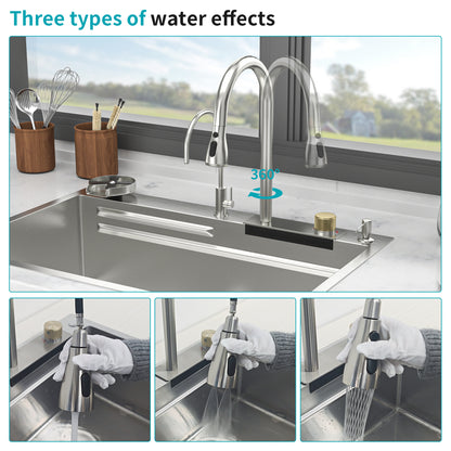 33" Drop in Waterfall Kitchen Sink - 33*22 inch Single Bowl 16 Gauge Stainless Steel Ledge Workstation Kitchen Sinks with Pull-Out Faucet & Cup Washer