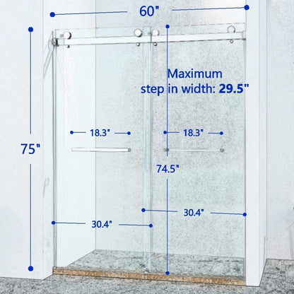 56-60"W x 75"H Frameless Double Sliding Shower Door, 304 Stainless Steel in Chrome, 5/16" (8mm) Thick SGCC Tempered Clear Glass.