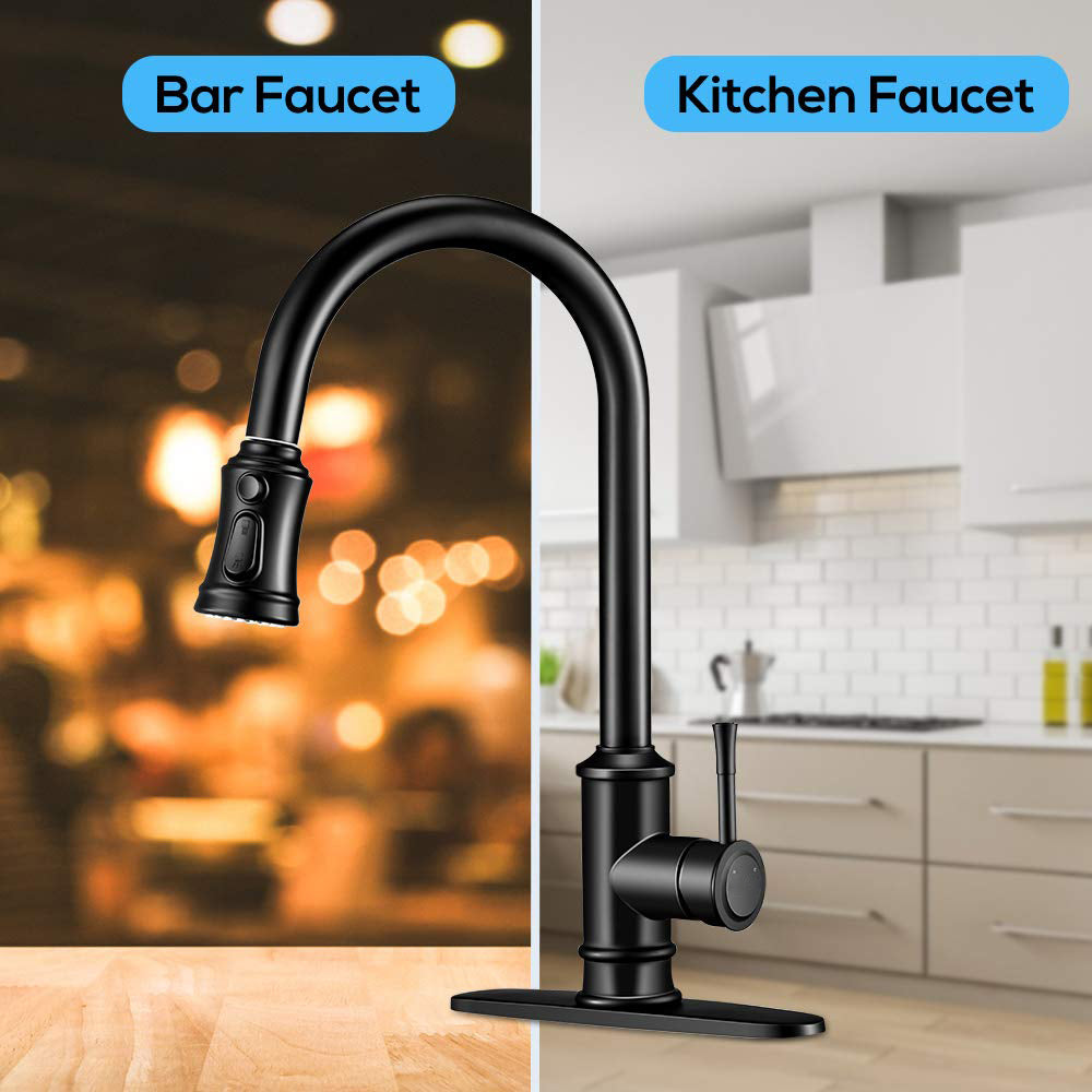 Kitchen Faucet- 3 Modes Pull Down Sprayer Kitchen Tap Faucet Head, Single Handle&Deck Plate for 1or3 Holes, 360° Rotation, Stainless Steel No Lead for RV Bar Home, Black