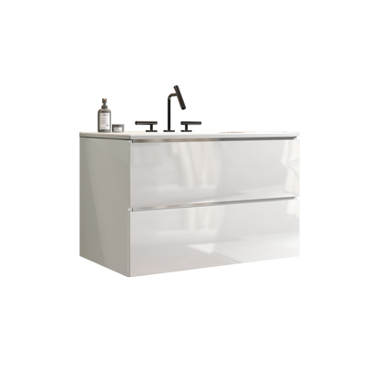 TIA 30" Wall Mount Glossy White Bathroom Vanity with Ceramic Sink with Three Faucet Holes, Large Storage Floating Bathroom Vanity for Modern Bathroom, Pre-assembled