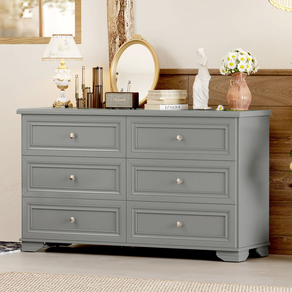6 Drawers Elegant Design Wooden Dresser, Retro Style Storage Cabinet with Metal Handles for Bedroom, Gray