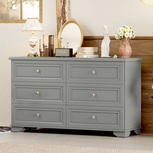 6 Drawers Elegant Design Wooden Dresser, Retro Style Storage Cabinet with Metal Handles for Bedroom, Gray