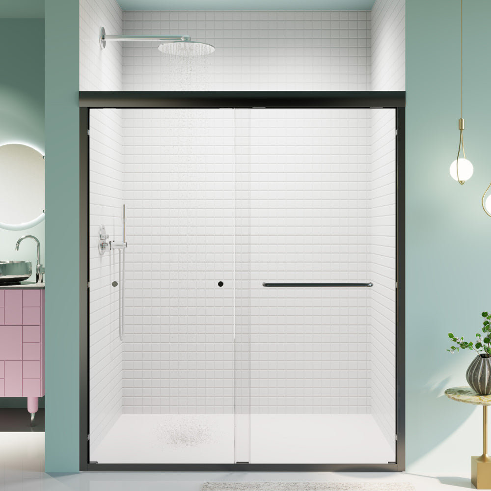 56"-60"W*70" H  Semi-Frameless Double Sliding Shower Door, Bypass Shower Door, 1/4" (6mm) Thick SGCC Tempered Glass Door,  Matte Black