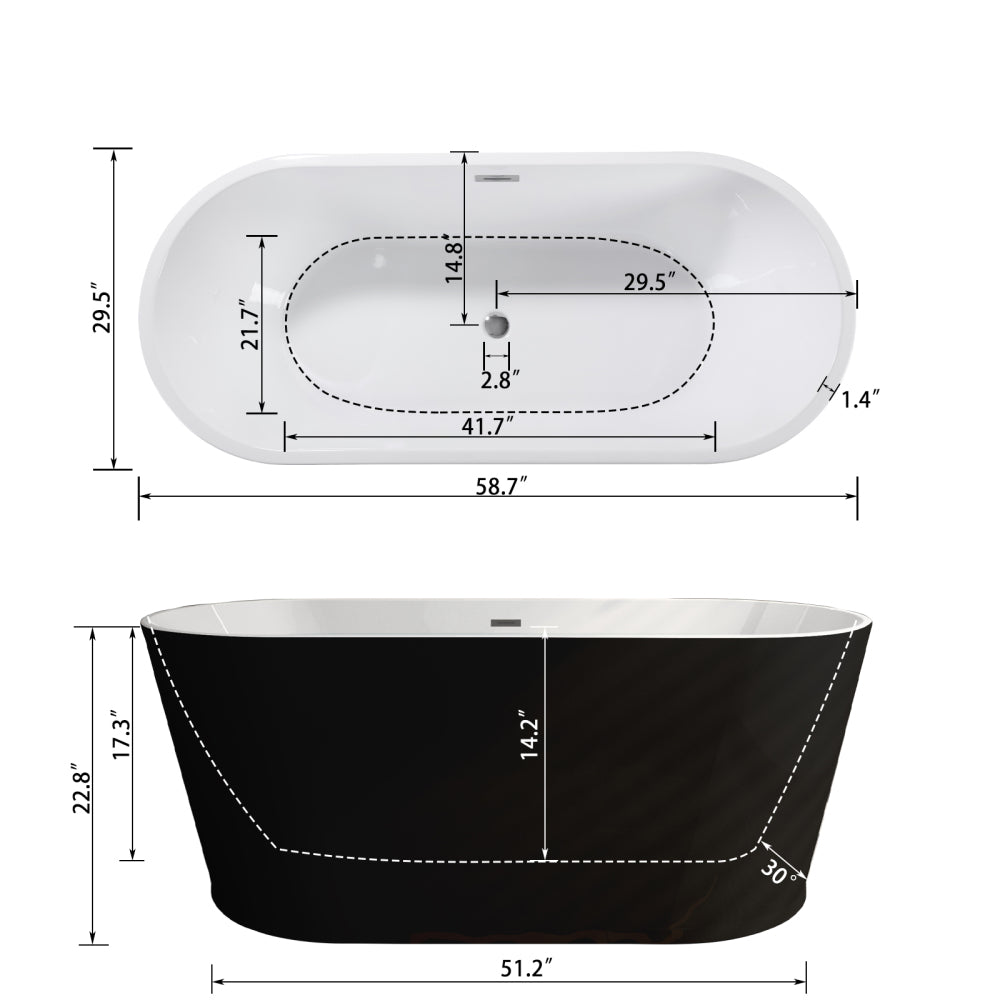 59" Acrylic Freestanding Bathtub, Stand Alone Soaking Tub, Glossy Black Acrylic, Toe-tap Chrome Drain, cUPC Certified