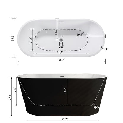 59" Acrylic Freestanding Bathtub, Stand Alone Soaking Tub, Glossy Black Acrylic, Toe-tap Chrome Drain, cUPC Certified