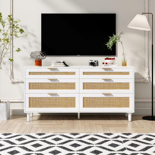 59" Rattan Dresser with Drawers, 6 Drawer Dresser for Bedroom, Clothes Storage Cabinet for Bedroom, Metal Handle&Wood Legs for Hallway, Living Room, Bedroom,White