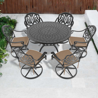 Ø47.24-inch Cast Aluminum Patio Dining Table With Black Frame and Carved Texture on the Tabletop