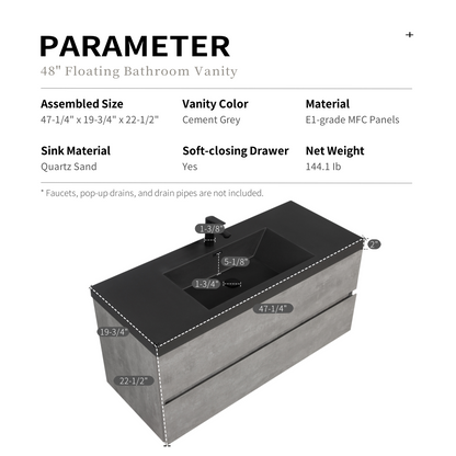 48" Floating Bathroom Vanity with Sink, Modern Wall-Mounted Bathroom Storage Vanity Cabinet with Black Quartz Sand Top Basin and Soft Close Drawers, EDI-Series Cement Grey 24V12-48GR