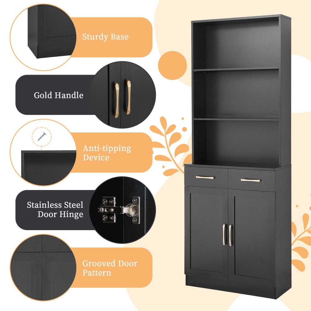 Bathroom Storage Cabinet, Cabinet with Two Doors and Drawers, Adjustable Shelf, Three-layer Open Shelf, MDF Board, Black