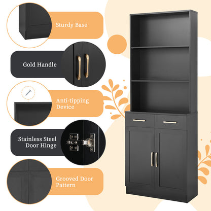 Bathroom Storage Cabinet, Cabinet with Two Doors and Drawers, Adjustable Shelf, Three-layer Open Shelf, MDF Board, Black