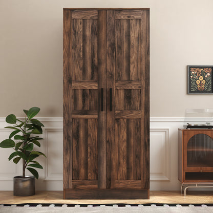 2-Door Wooden Wardrobe Armoire with LED and 4 Storage Shelves, Brown
