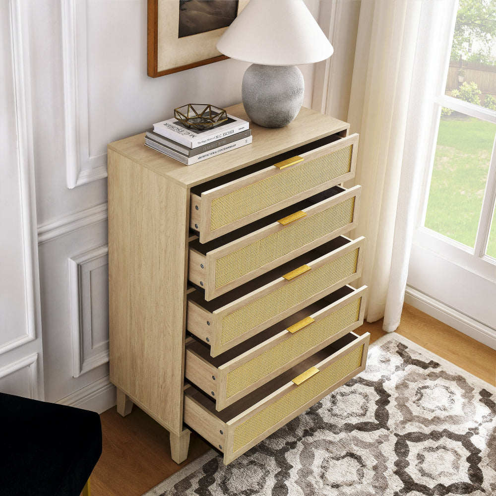 Bedroom 5 drawer dresser, rattan dresser modern wooden chest of drawers with spacious storage space for bedroom hallway living room