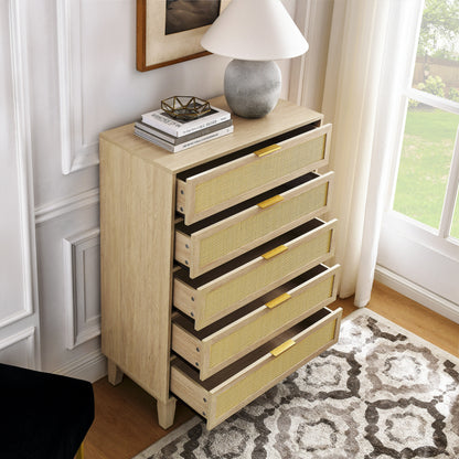 Bedroom 5 drawer dresser, rattan dresser modern wooden chest of drawers with spacious storage space for bedroom hallway living room
