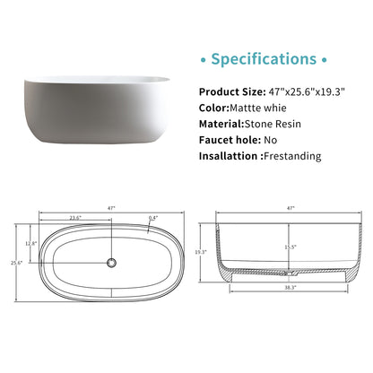 47'' Independent solid surface resin stone bathtub, a modern designed independent bathtub with pop-up drainage and overflow pipes, suitable for small households