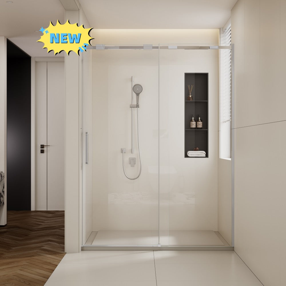 56-60"W x74"H Semi-Frame Single Sliding Shower Door,304 Stainless Steelin Polished Chrome finish,5/16" (8mm) Thick SGCC Tempered Clear Glass,Type C Wrapped Guide Rail Anti-derailment Pulley
