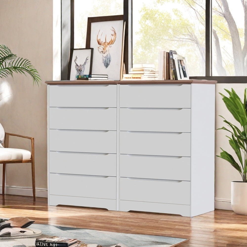 Modern 5 Drawers Dresser for Bedroom, 43.7" Tall Dressers & Chests of Drawers Hidden handle Design for Bedroom, Living Room, (White +Brown)