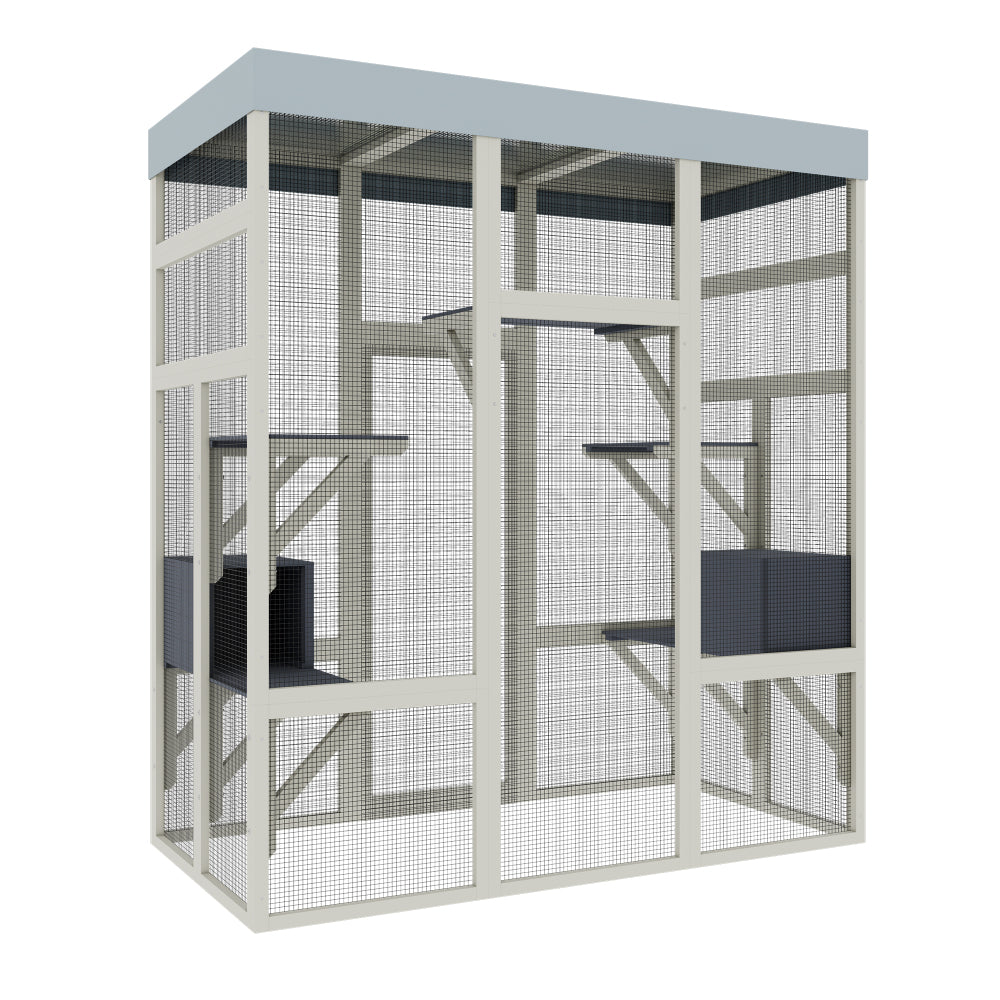 62.6" Gray Wooden Catio Outdoor Pet Enclosure with Waterproof Top, Spacious and Secure Cat House & Small Animal Cage, Black Rust-proof Metal Wire