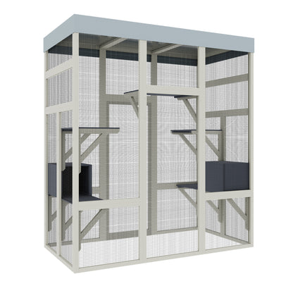62.6" Gray Wooden Catio Outdoor Pet Enclosure with Waterproof Top, Spacious and Secure Cat House & Small Animal Cage, Black Rust-proof Metal Wire