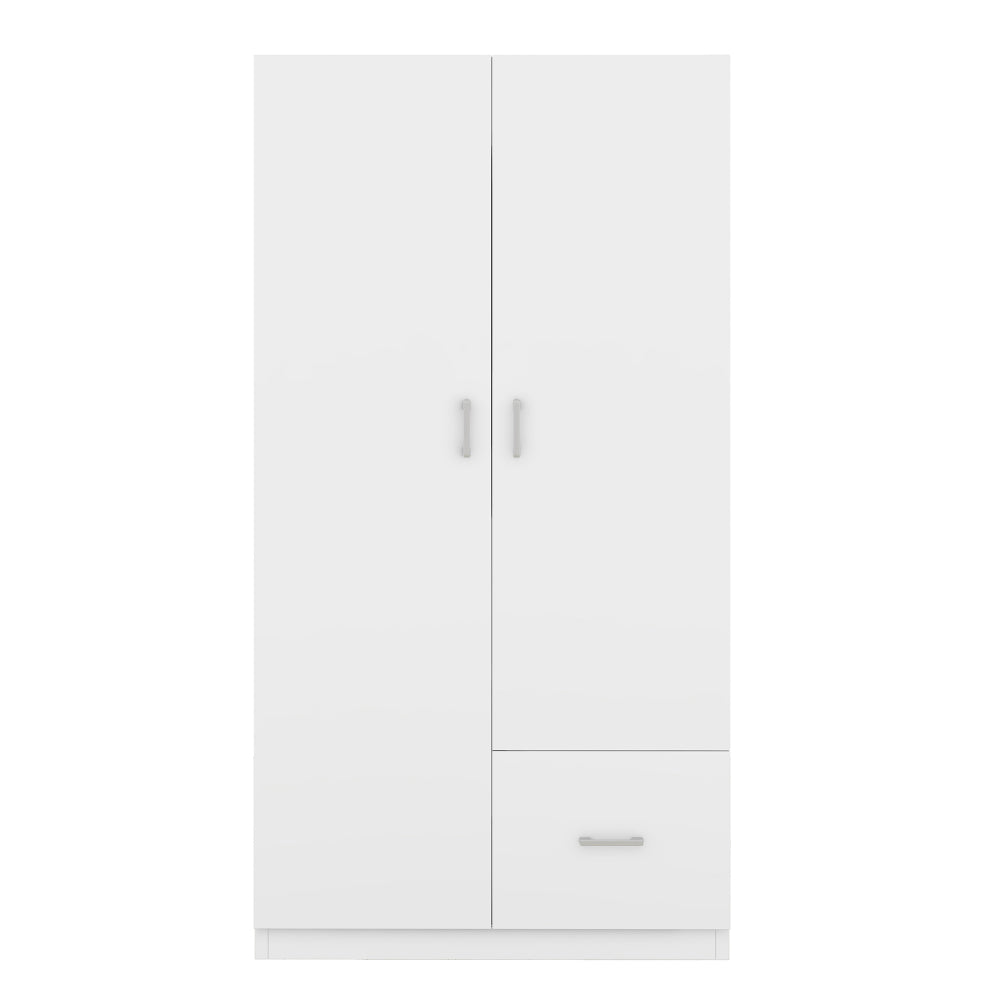 Wooden Wardrobe with Double Doors, Armoire with Hanging Rod, 5 Fixed Shelves, One Storage Drawer,White