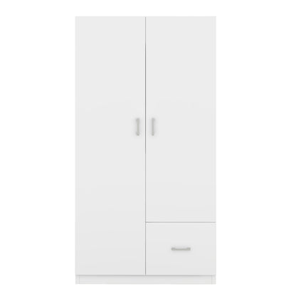 Wooden Wardrobe with Double Doors, Armoire with Hanging Rod, 5 Fixed Shelves, One Storage Drawer,White